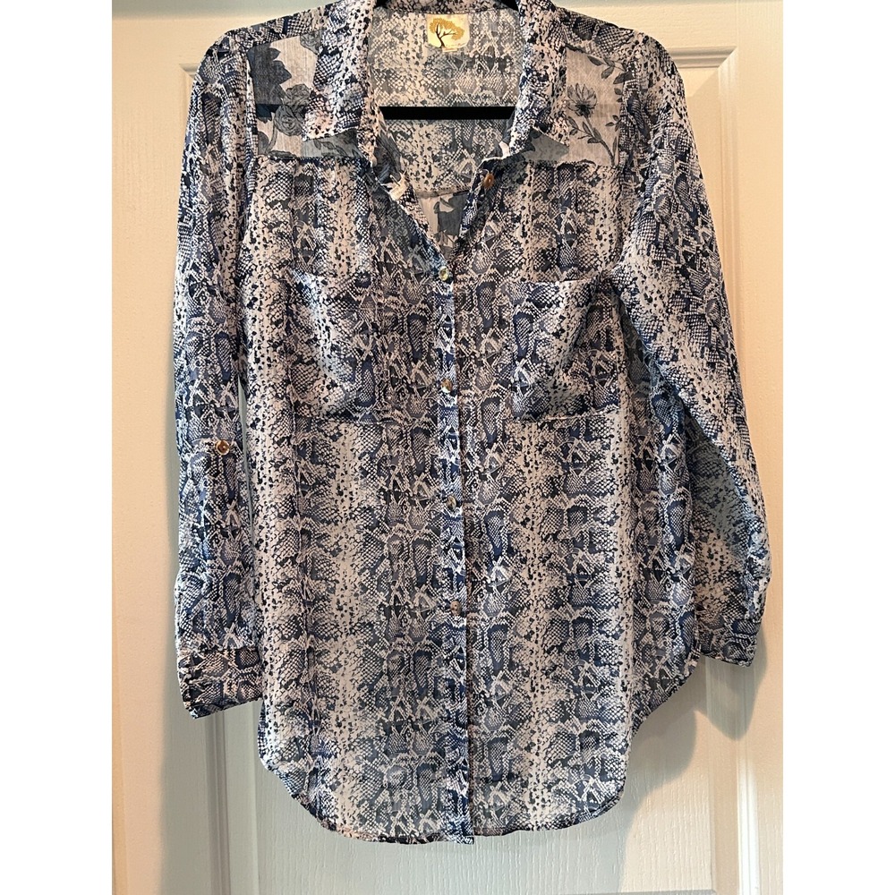 Fig & Flower Sheer Spring Blue Print Button Down Blouse Large Petite